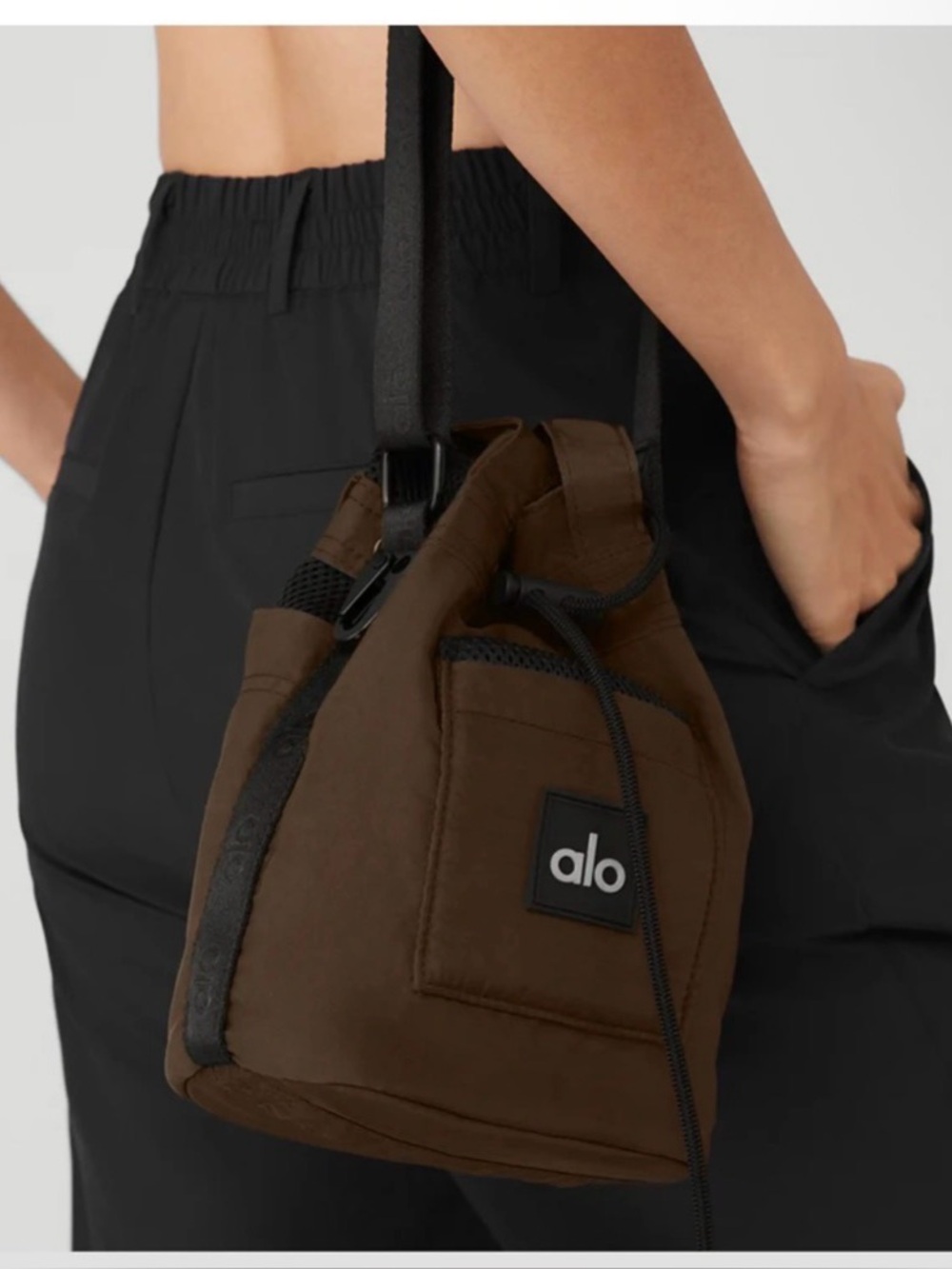 Alo Brown Drawstring Crossbody Bucket Bag
